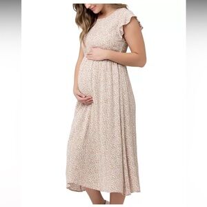 Ripe Maternity Shirred Midi Dress size large , natural / white print